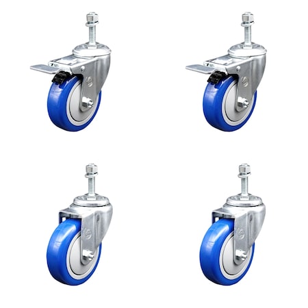 Service Caster 4 Inch Blue Polyurethane Swivel 10mm Stem Caster Total Lock Brake SCC, 2PK SCC-TSTTL20S414-PPUB-BLUE-M1015-2-S2